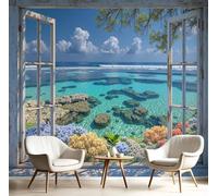 GSAEIMCT Blue-Green Window Ocean 3D Murals,Abstract Landscape Silk Mural Photo Wallpaper for Large Tv Background Wall Art Living Room Bedroom Kitchen Home Decorative,350X260Cm