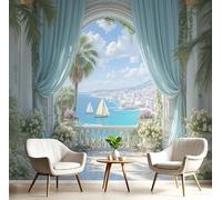 GSAEIMCT Blue White Sailing Ocean Murals Photo,3D Balcony Window View Wall Murals,Wallpaper for Bedroom Living Room Home Poster Decor 450X300Cm Background Wall Decorative