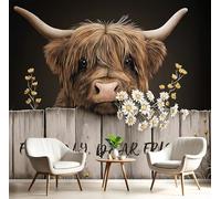 GSAEIMCT Brown-Black Daisy Highland Cattle Photo Wallpaper Mural,Farm Animals 3D Large Wall Murals Hd Printing Decoration Poster Picture Design for Bedroom Living Room Home,250X170Cm