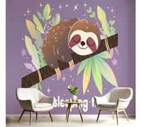 GSAEIMCT Brown-Green Palm Leaf Sloth Murals Photo,3D Cartoon Animals Wall Murals,Wallpaper For Bedroom Living Room Home Poster Decor 150X105Cm Background Wall Decorative