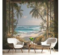 GSAEIMCT Brown-Green Window Frame Palm Tree 3D Murals,Natural Scenery Silk Mural Photo Wallpaper for Large Tv Background Wall Art Living Room Bedroom Kitchen Home Decorative,250X170Cm