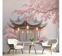 GSAEIMCT Cherry Blossom Garden Wallpaper, Pink Retro Architecture Wallpaper Mural, Silk Decor Wall Paper, Photo Mural for Room, Hallway, Lounge, 450X300Cm