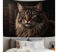 GSAEIMCT Dark Brown Wall Tapestry Maine Coon Cat In The Study Tapestry Wall Hanging Retro Illustrated Animals Art Home Decoration For Bedroom Living Room, 230L X 180W Cm
