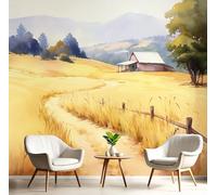 GSAEIMCT Gold Mountain Wheat Fields Photo Wallpaper Mural,Watercolor Landscape 3D Large Wall Murals Hd Printing Decoration Poster Picture Design for Bedroom Living Room Home,350X260Cm