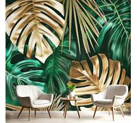 GSAEIMCT Golden Green Palm-Leaf Monstera 3D Murals,Tropical Jungle Silk Mural Photo Wallpaper for Large Tv Background Wall Art Living Room Bedroom Kitchen Home Decorative,350X260Cm