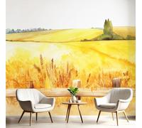 GSAEIMCT Golden Yellow Fields of Wheat 3D Murals,Watercolor Landscape Silk Mural Photo Wallpaper for Large Tv Background Wall Art Living Room Bedroom Kitchen Home Decorative,450X300Cm