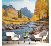 GSAEIMCT Golden Yellow Rocky River 3D Murals,Natural Scenery Silk Mural Photo Wallpaper for Large Tv Background Wall Art Living Room Bedroom Kitchen Home Decorative,350X260Cm