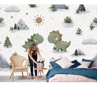 GSAEIMCT Green Leaf Dinosaur Photo Wallpaper 3D Effect, Cartoon Animals Wall Murals for Children's Bedroom Living Room Bedroom Boys and Girls, 250X170Cm
