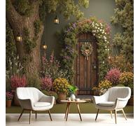 GSAEIMCT Green Wooden Door with Wreath Wallpaper Mural,Natural Scenery Wall Murals 3D Art Hd Printing Photo Wallpaper for Bedroom Living Kids Room Decor Poster Picture Design,450X300Cm