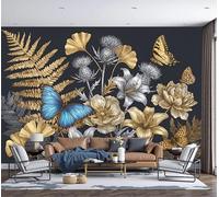 GSAEIMCT Honeysuckle Butterfly Retro Illustrated Plants Gold Hd Print Art Wall Painting Poster Large Silk Mural 3D Wallpaper Paste Living Room The Wall for Bedroom Mural, 200X140Cm