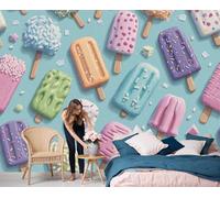 GSAEIMCT Ice Cream Desserts Summer Cartoons Blue Hd Print Art Wall Painting Poster Large Silk Mural 3D Wallpaper Paste Living Room The Wall for Bedroom Mural, 400X280Cm