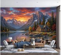 GSAEIMCT Lake Stone House Wallpaper, Orange Color Natural Scenery Wallpaper Mural, Silk Decor Wall Paper, Photo Mural for Room, Hallway, Lounge, 350X256Cm