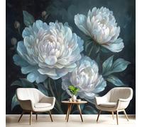 GSAEIMCT Misty White Peony Oil Painting Texture Light Blue Hd Print Art Wall Painting Poster Large Silk Mural 3D Wallpaper Paste Living Room The Wall for Bedroom Mural, 400X280Cm