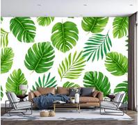GSAEIMCT Monstera Leaf Green Background Theme Photo Wallpaper,450X300Cm Silk Wall Mural,Tropical Hand-Painted Style Bedroom Living Room Decoration Poster