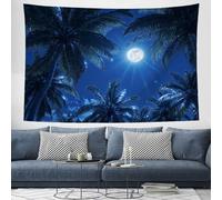GSAEIMCT Navy Blue Wall Tapestry Palm Trees Under The Moon Tapestry Wall Hanging Tropical Islands Art Home Decoration For Bedroom Living Room, 150L X 130W Cm
