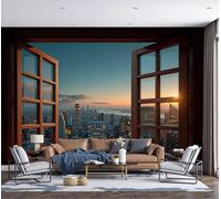 GSAEIMCT New York Window View Photo Wallpaper Cityscape Orange-Blue Wall Mural, Wall Art - Wallpaper for Living Room, Bedroom, Office, Kitchen, 200X140Cm