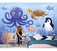 GSAEIMCT Octopus Turtle Ocean Cartoon Blue Hd Print Art Wall Painting Poster Large Silk Mural 3D Wallpaper Paste Living Room The Wall for Bedroom Mural, 200X140Cm
