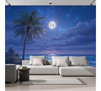 GSAEIMCT Palm Trees Under The Moon Photo Wallpaper Dreamy Island Blue Wall Mural, Wall Art - Wallpaper for Living Room, Bedroom, Office, Kitchen, 350X256Cm