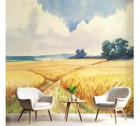 GSAEIMCT Panoramic Wallpaper Mural,150X105Cm Wall Poster Yellow-Green Fields of Wheat Art Photo 3D Effect,Watercolor Landscape Poster Decoration for Home Bedroom Living Room Tv Backdrop Corridor