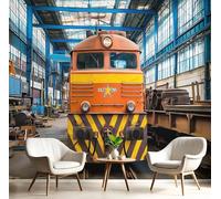 GSAEIMCT Panoramic Wallpaper Mural,200X140Cm Wall Poster Orange-Yellow Russian Trains Art Photo 3D Effect,Industrial Buildings Poster Decoration for Home Bedroom Living Room Tv Backdrop Corridor
