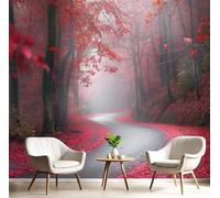 GSAEIMCT Panoramic Wallpaper Mural,350X260Cm Wall Poster Red Misty Red Leaves Art Photo 3D Effect,Forest Roads Poster Decoration for Home Bedroom Living Room Tv Backdrop Corridor