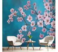 GSAEIMCT Panoramic Wallpaper Mural,400X280Cm Wall Poster Powder Blue Cherry Blossoms On Branches Art Photo 3D Effect,Fresh Plants Poster Decoration for Home Bedroom Living Room Tv Backdrop Corridor