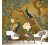 GSAEIMCT Panoramic Wallpaper Mural,450X300Cm Wall Poster Powder Blue Flower Peacock Art Photo 3D Effect,Chinese Landscape Poster Decoration for Home Bedroom Living Room Tv Backdrop Corridor