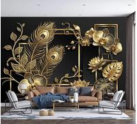 GSAEIMCT Peacock Feather Orchid Wallpaper, Black Gold Luxury Art Home Decor Photo Wallpaper Murals, Room Decor Wall Art for Bedroom Kitchen Living Room, 350X256Cm