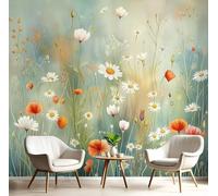 GSAEIMCT Photo Wallpaper 250X170Cm Premium Art Print Wall Mural Decoration Poster Picture Design Red and White Daisy Wildflowers 3D Effect Watercolor Plants for Living Room,Bedroom Decor