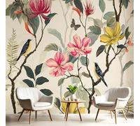 GSAEIMCT Photo Wallpaper 300X210Cm Premium Art Print Wall Mural Decoration Poster Picture Design Off White Flowers and Birds 3D Effect Tropical Plants for Living Room,Bedroom Decor