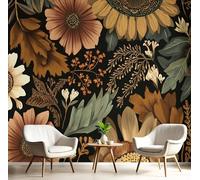 GSAEIMCT Photo Wallpaper 350X260Cm Premium Art Print Wall Mural Decoration Poster Picture Design Brown-Green Flowers and Leaves 3D Effect Bohemian Plants for Living Room,Bedroom Decor