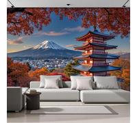 GSAEIMCT Photo Wallpaper 3D Effect Panoramic Mural Mount Fuji Pagoda Japanese Style Red Wall Mural 200X140Cm for Living Room Bedroom Home Decoration, Silk Wall Poster Adult Children