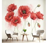 GSAEIMCT Photo Wallpaper 3D Effect Panoramic Mural Poppy Flowers Green Leaves Watercolor Plants Red Wall Mural 350X260Cm for Living Room Bedroom Home Decoration, Silk Wall Poster Adult Children