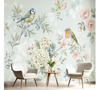 GSAEIMCT Photo Wallpaper 3D Effect Panoramic Mural Tree Branches, Flowers, Birds Retro Plants for Living Room Adult Children Bedroom Home Decoration Wall Poster, 300X210Cm Wall Mural Light Green