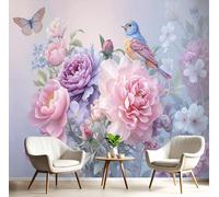 GSAEIMCT Pink Peony Flowers Birds 3D Murals,Watercolor Landscape Silk Mural Photo Wallpaper for Large Tv Background Wall Art Living Room Bedroom Kitchen Home Decorative,300X210Cm
