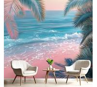 GSAEIMCT Powder Blue Beach Palm Leaves Murals Photo,3D Tropical Scenery Wall Murals,Wallpaper for Bedroom Living Room Home Poster Decor 300X210Cm Background Wall Decorative