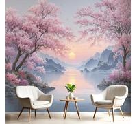 GSAEIMCT Powder Blue River Peach Tree 3D Murals,Chinese Landscape Silk Mural Photo Wallpaper For Large Tv Background Wall Art Living Room Bedroom Kitchen Home Decorative,300X210Cm