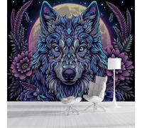 GSAEIMCT Purple-Blue Flowers,Moon,Wolf Photo Wallpaper Mural,Fantasy Animals 3D Large Wall Murals Hd Printing Decoration Poster Picture Design for Bedroom Living Room Home,250X170Cm