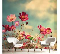 GSAEIMCT Red Cosmos in The Blue Sky Photo Wallpaper Mural,Retro Plants 3D Large Wall Murals Hd Printing Decoration Poster Picture Design for Bedroom Living Room Home,350X260Cm