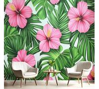 GSAEIMCT Red Green Hibiscus Flowers Green Leaves Wallpaper Wall Covering Mural,Tropical Paradise Print Large Photo for Home Office Bedroom Living Room Decoration Poster Tv Background Wall,400X280Cm