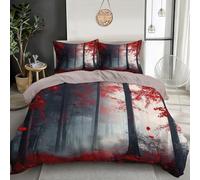 GSAEIMCT Red Misty Forest 3D Duvet Cover Microfiber Fantasy Landscape Hotel Bedding Set Quilt Covers With Pillowcases Soft Comforter With Zipper Closure For Boys,Girls And Teenagers Double 200X200Cm