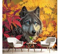 GSAEIMCT Red Yellow Autumn Leaf Wolf 3D Murals,Landscape Animals Silk Mural Photo Wallpaper for Large Tv Background Wall Art Living Room Bedroom Kitchen Home Decorative,150X105Cm