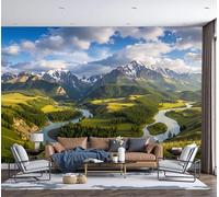 GSAEIMCT Snow Mountain Valley Wallpaper, Green Natural Scenery Wallpaper Mural, Silk Decor Wall Paper, Photo Mural for Room, Hallway, Lounge, 250X170Cm