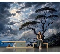 GSAEIMCT Storm Cloud Ocean Coast Tree Dramatic Seascape Painting Mural Wallpaper, Wallpaper for Bedroom Living Room Tv Backdrop Office Hotel Corridor Background Decoration Silk Wall Paper 250X170Cm