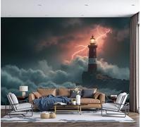 GSAEIMCT Storm Lighthouse Wallpaper, Blue White Dark Landscape Home Decor Photo Wallpaper Murals, Room Decor Wall Art for Bedroom Kitchen Living Room, 450X300Cm