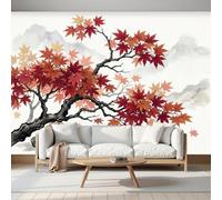 GSAEIMCT Tree Branches Maple Leaves Wallpaper, Orange-Red Mountain Water Scenery Home Decor Photo Wallpaper Murals, Room Decor Wall Art for Bedroom Kitchen Living Room, 250X170Cm