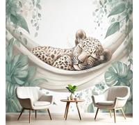 GSAEIMCT White Green Hammock Leopard 3D Murals,Watercolor Animals Silk Mural Photo Wallpaper for Large Tv Background Wall Art Living Room Bedroom Kitchen Home Decorative,400X280Cm