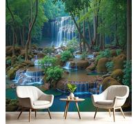 GSAEIMCT White Green Mural Photo Wallpaper,Forest Waterfall Wallpaper for Living Room Tv Backdrop Office,3D Effect Fresh Scenery Large Wall Mural Paper Decoration Poster Picture,200X140Cm