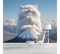 GSAEIMCT White Mural Mount Fuji Cat 3D Silk Wall Murals Photo Wallpaper,Yoga Animals Art Print Decor Poster Picture for Living Room Kids' Bedroom & Home Interiors,300X210Cm
