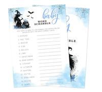 Gsauto Hilarious Baby Shower Games, 25 Sets Halloween Baby Word Scramble + Answer Card, Blue Witch Gender Reveal Game Cards for Party Announcement Supplies - B09